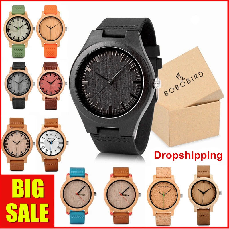 Wooden Watches for Men & Women Leather Strap Quartz Watches Support OEM Customized Dropshipping